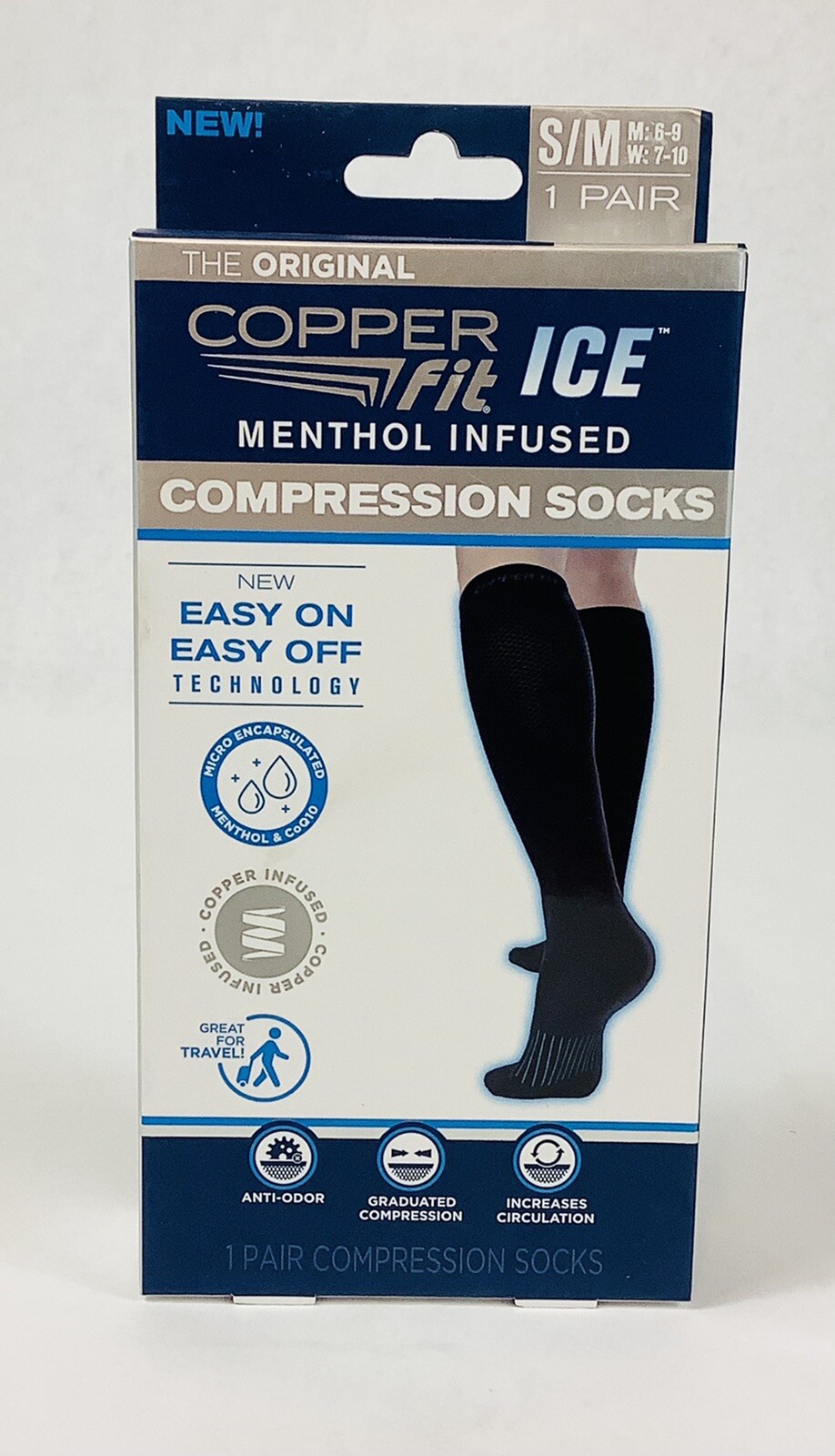 Copper Fit Ice Compression Socks BLACK Menthol Infused ,Small / Med Unisex