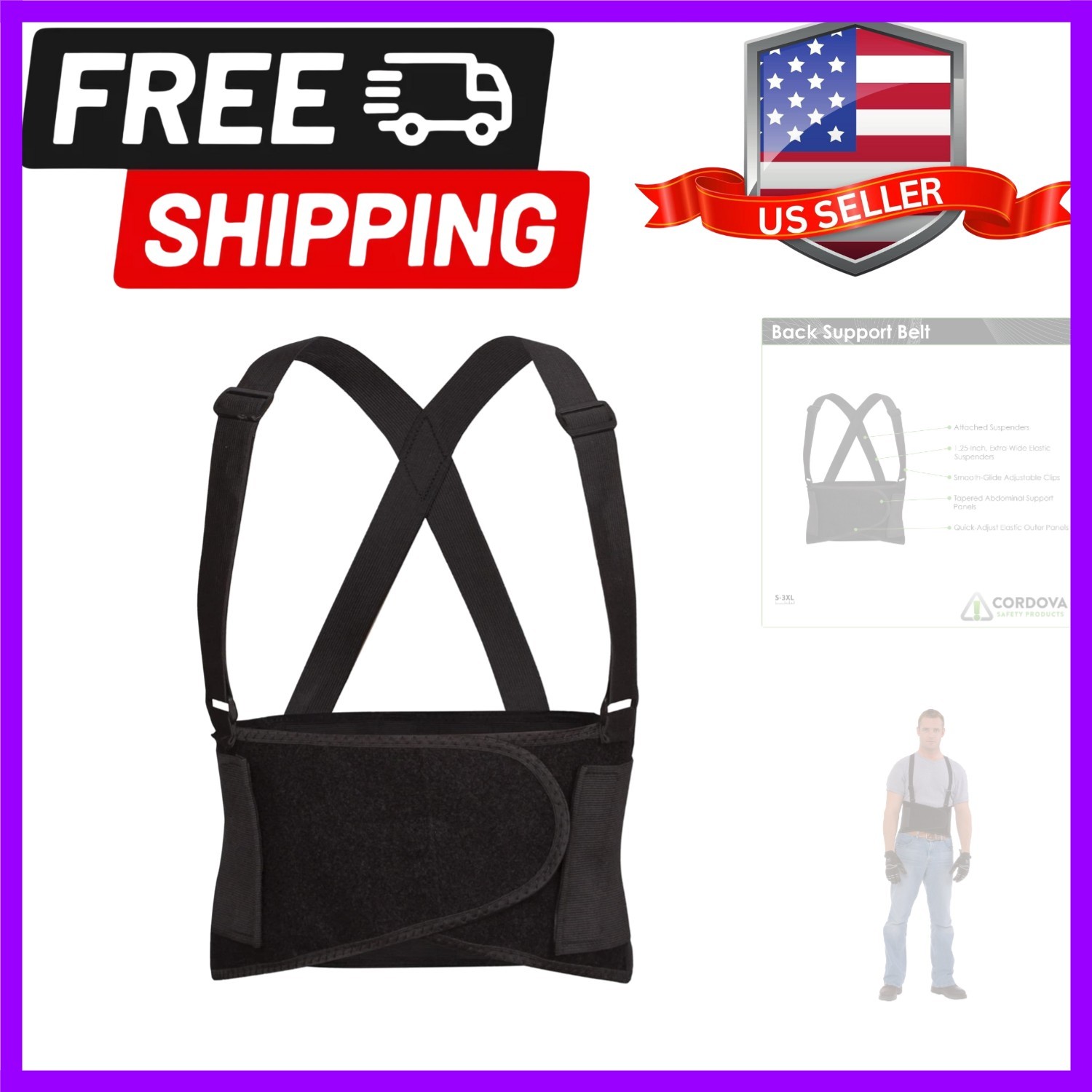 Back Support Belt with Attached Suspenders, Quick Adjust Elastic Outer Panels