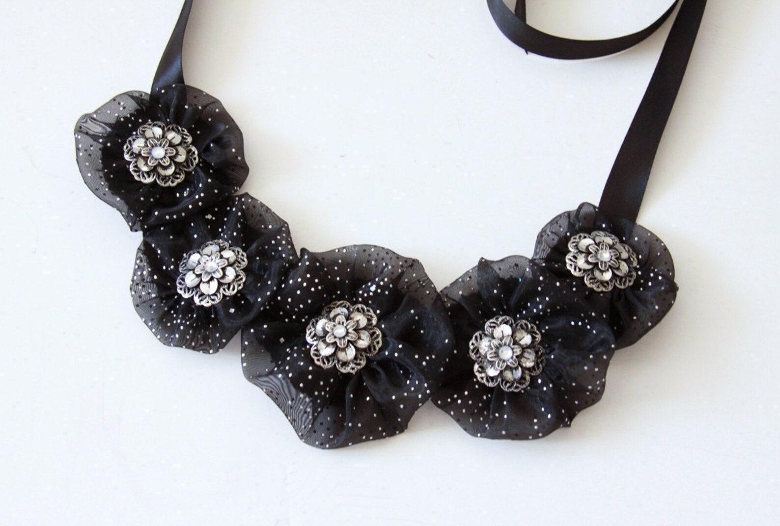 Handmade necklace with elegant black organza with silver tiny dots