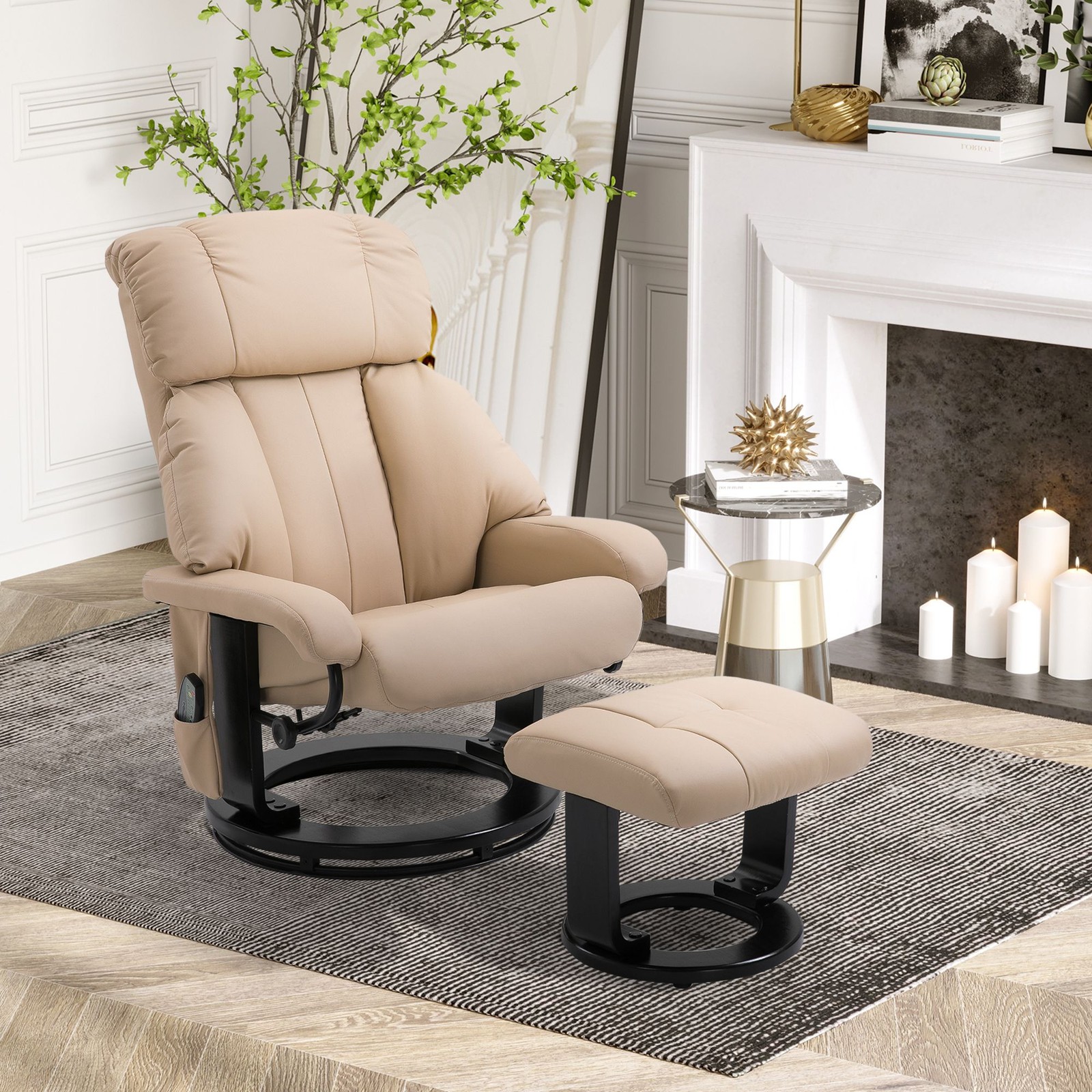 Beige Massage Recliner Chair with Ottoman, 10 – Point Vibrating Heat Function