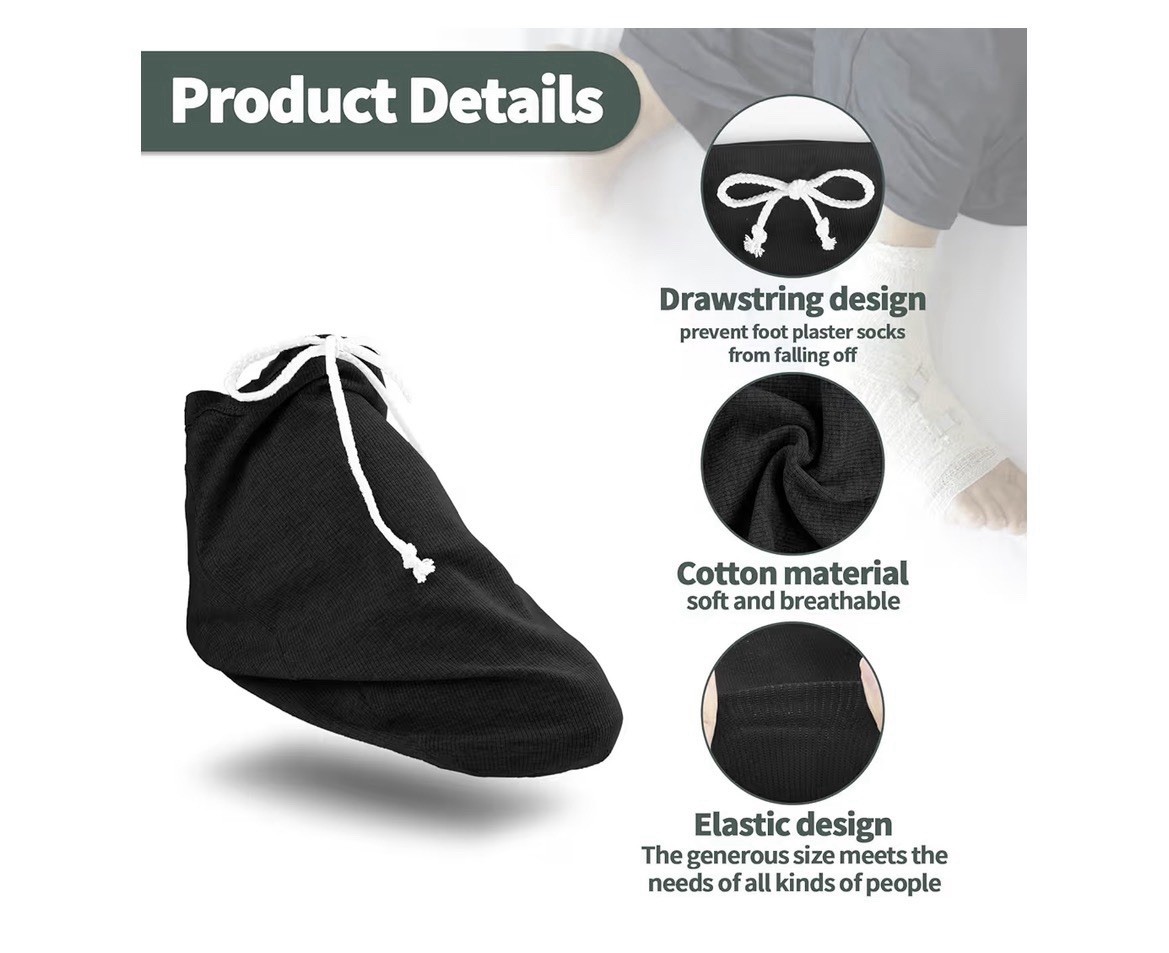 Black Cotton Drawstring Cast Protector Sock Foot 36x26cm Elastic Sleeve