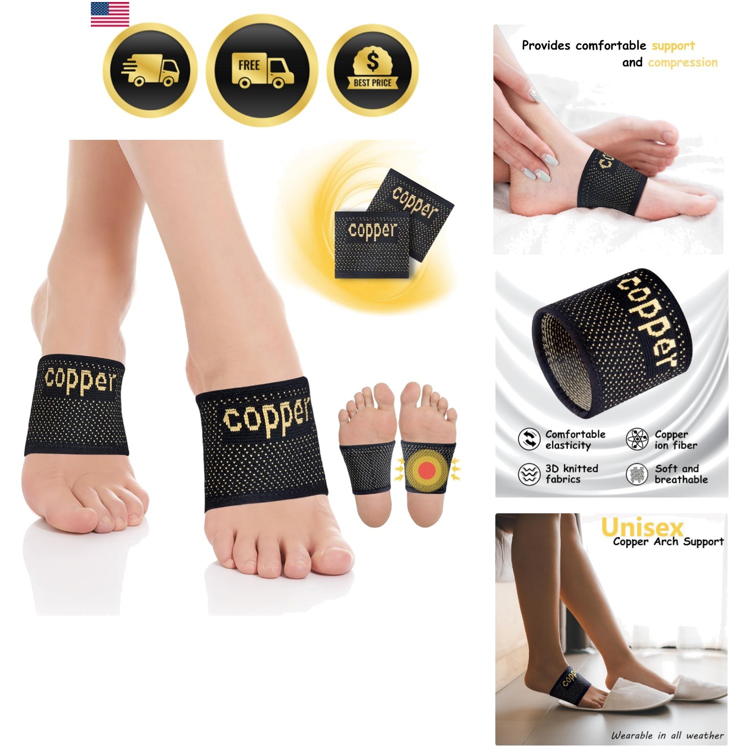 Copper Foot Arch Support for Women and Men 2 Pack, Plantar Fasciitis Arch Sup…