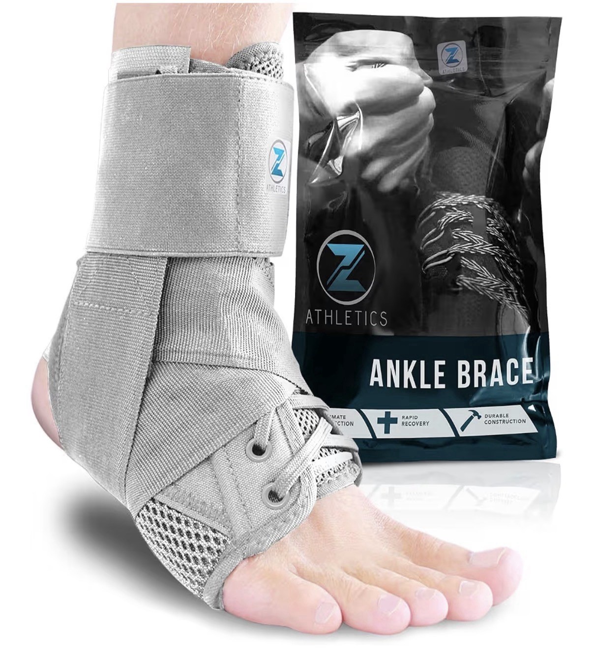 Z ATHLETICS Zenith Ankle Brace Lace up Adjustable Support Grey Large