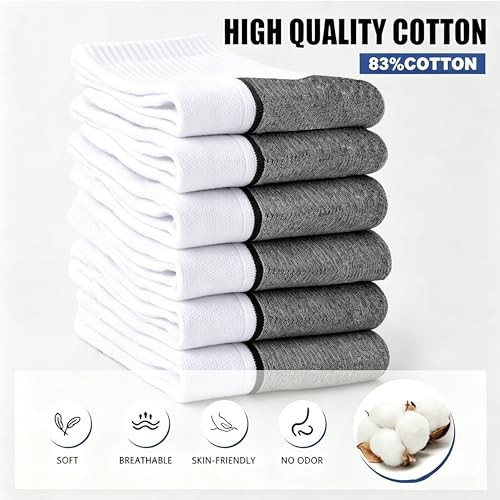 Men Athletic Quarter Running Compression Socks Cotton 10-13 White(6 Pairs)