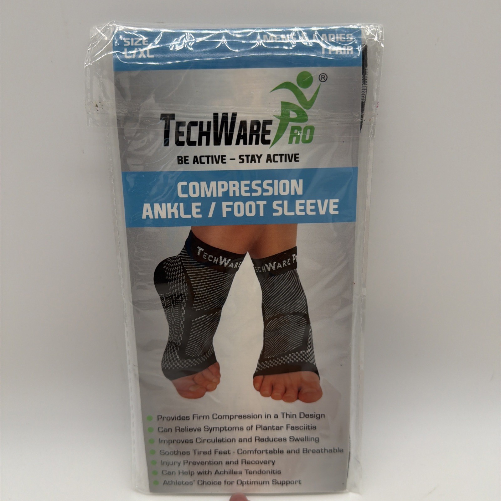 TechWare Pro Compression Ankle/Foot Sleeve – Unisex – Large/XL – Black Gray
