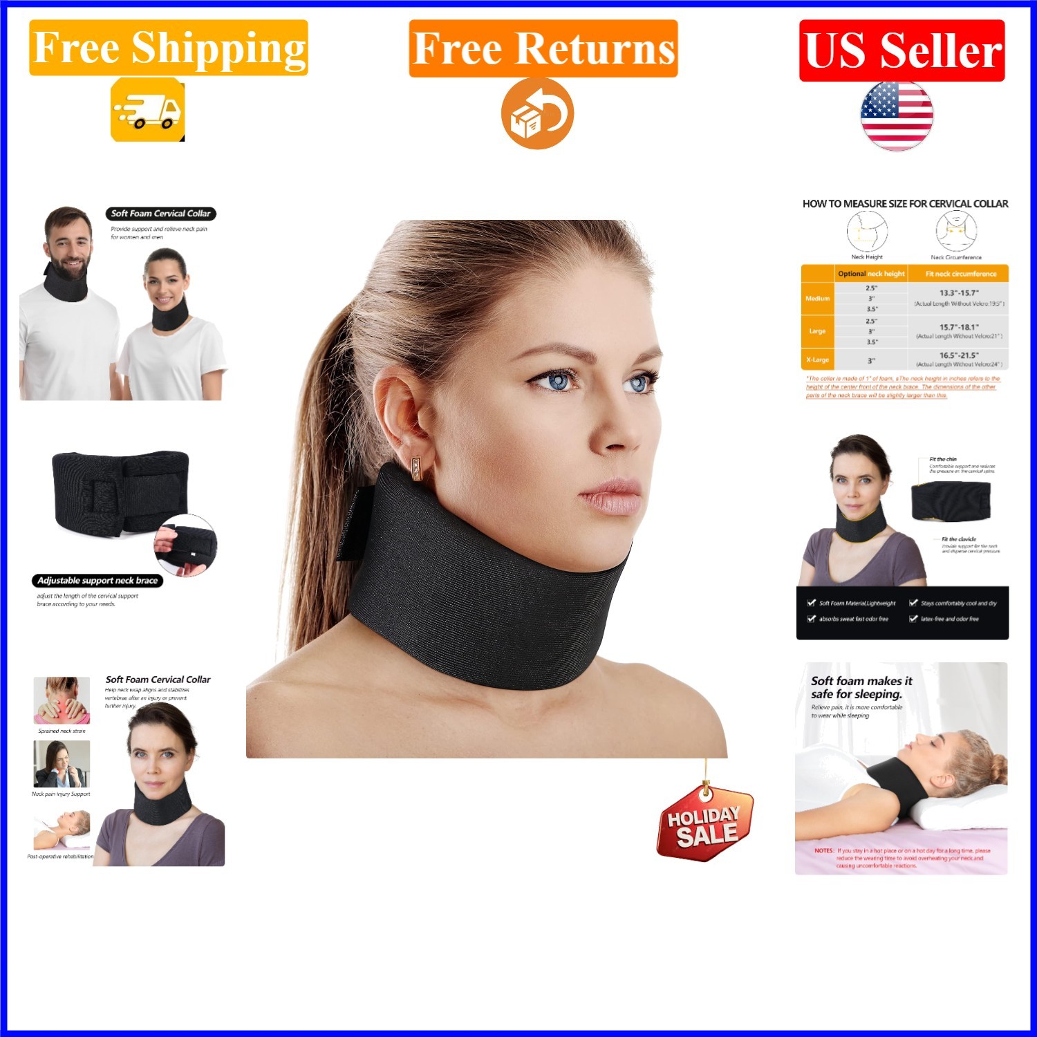Adjustable Black Foam Neck Support Collar for Adults & Youth, 2.5″ Depth
