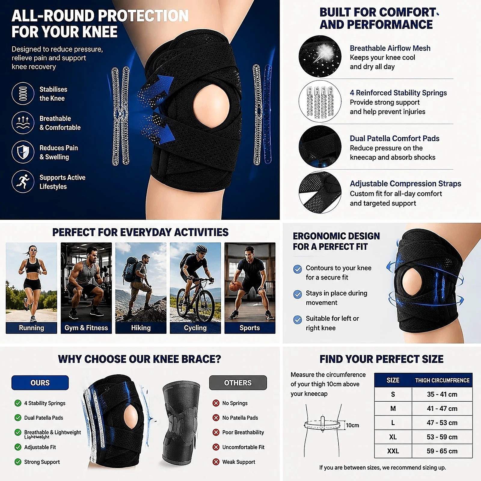 Adjustable Knee Brace Support Patella Stabilizer Pain Relief 4 Springs Men Women