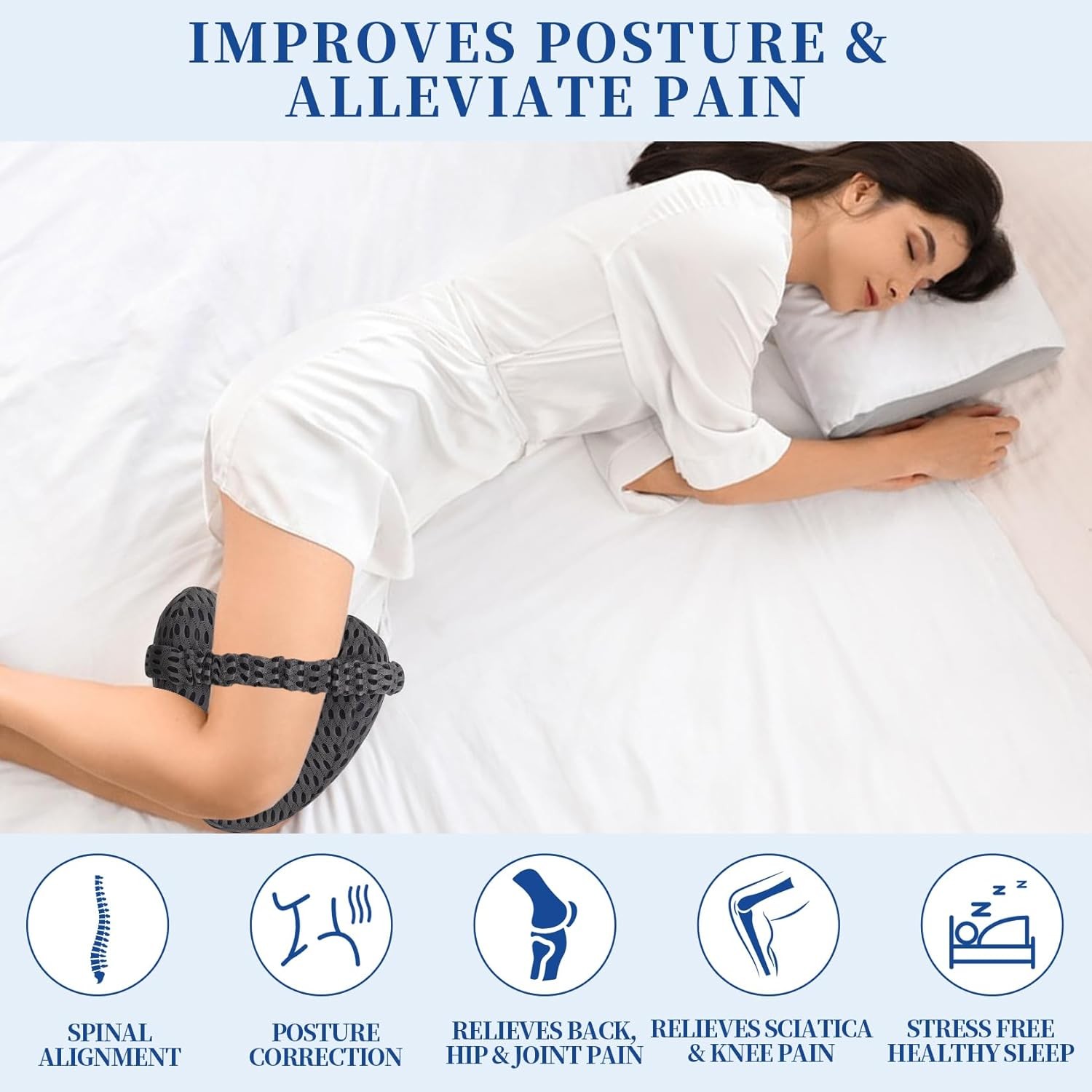 Knee Pillow for Side Sleepers – Sciatica, Hip & Back Pain Relief Pillow with Adj