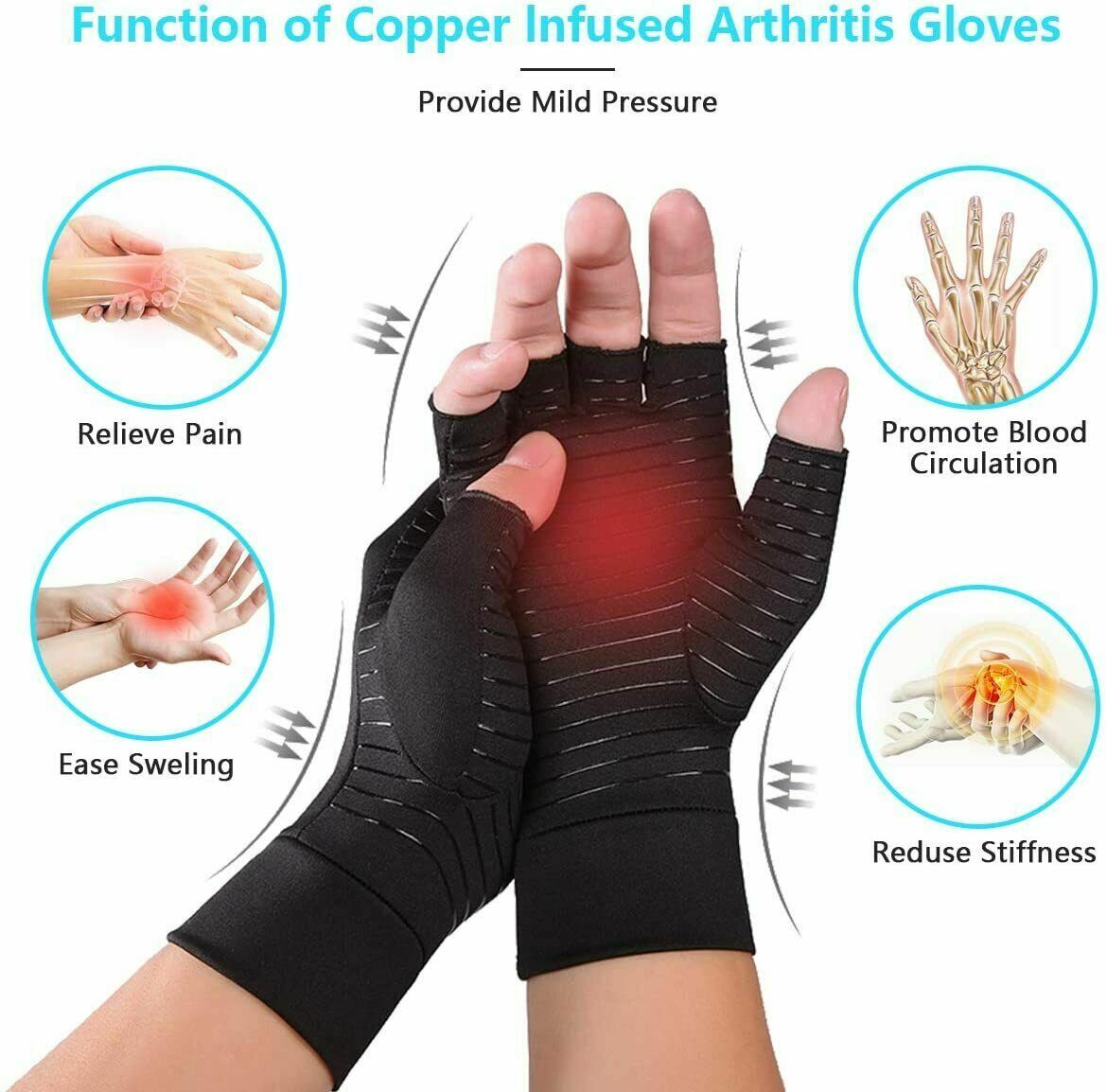 Copper Compression Arthritis Gloves Men Women Half Finger Pain Relief Gloves