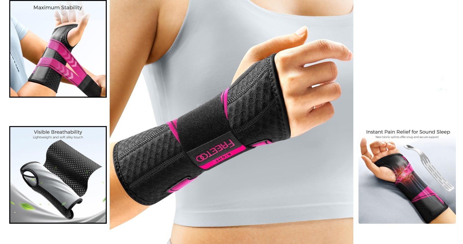 Adjustable Carpal Tunnel Wrist Brace – Night Support for Pain Relief, Pink/Black