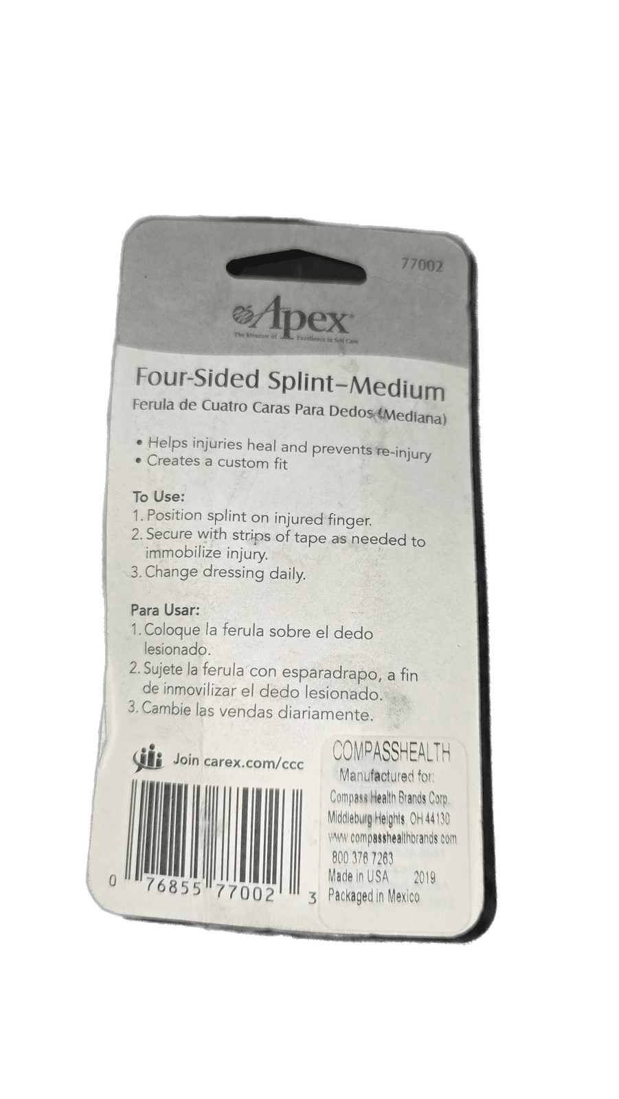 Apex Four Sided Finger Splint Medium Support Brace Protector Immobilizer
