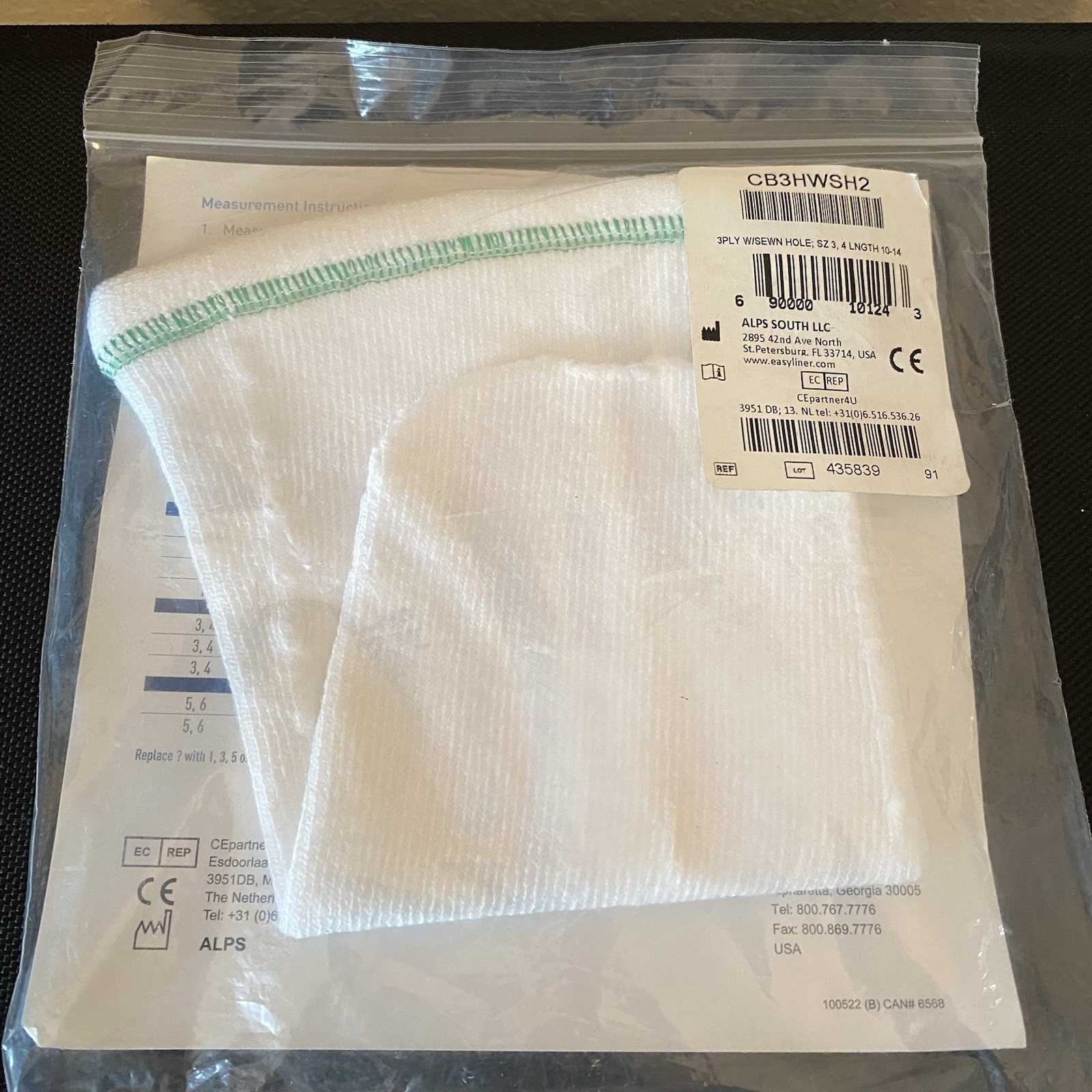 CoolBlue Prosthetic Sock 3 Ply Sz 3,4 Length 10-14 White CB3HWSH2 Sewn Hole NEW