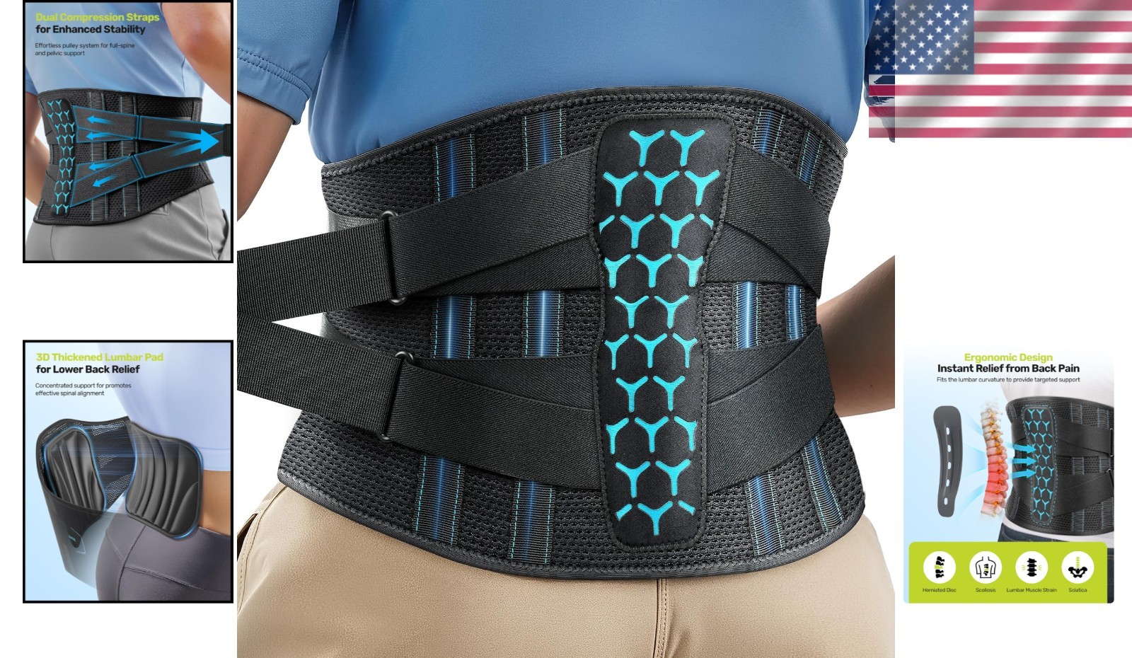 Back Support Brace with 3D Padding – Ideal for Work & Home, Size M