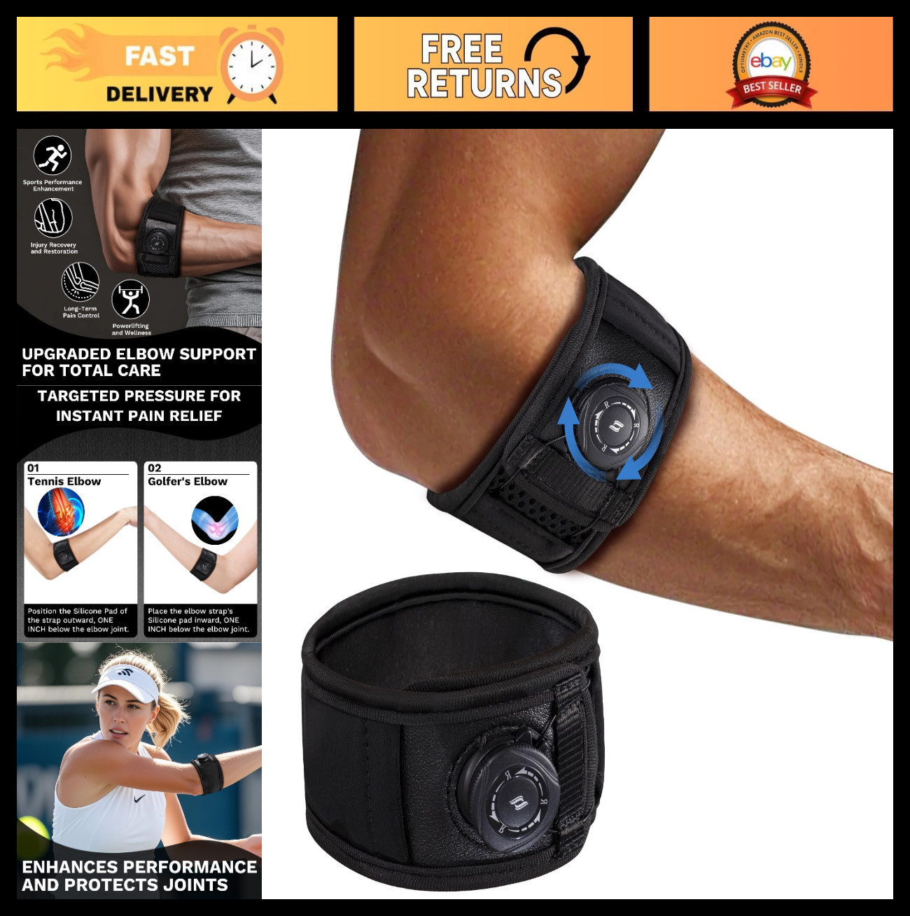 Adjustable Tennis Elbow Brace for Tendonitis & Golfer’s Elbow Relief – One Size