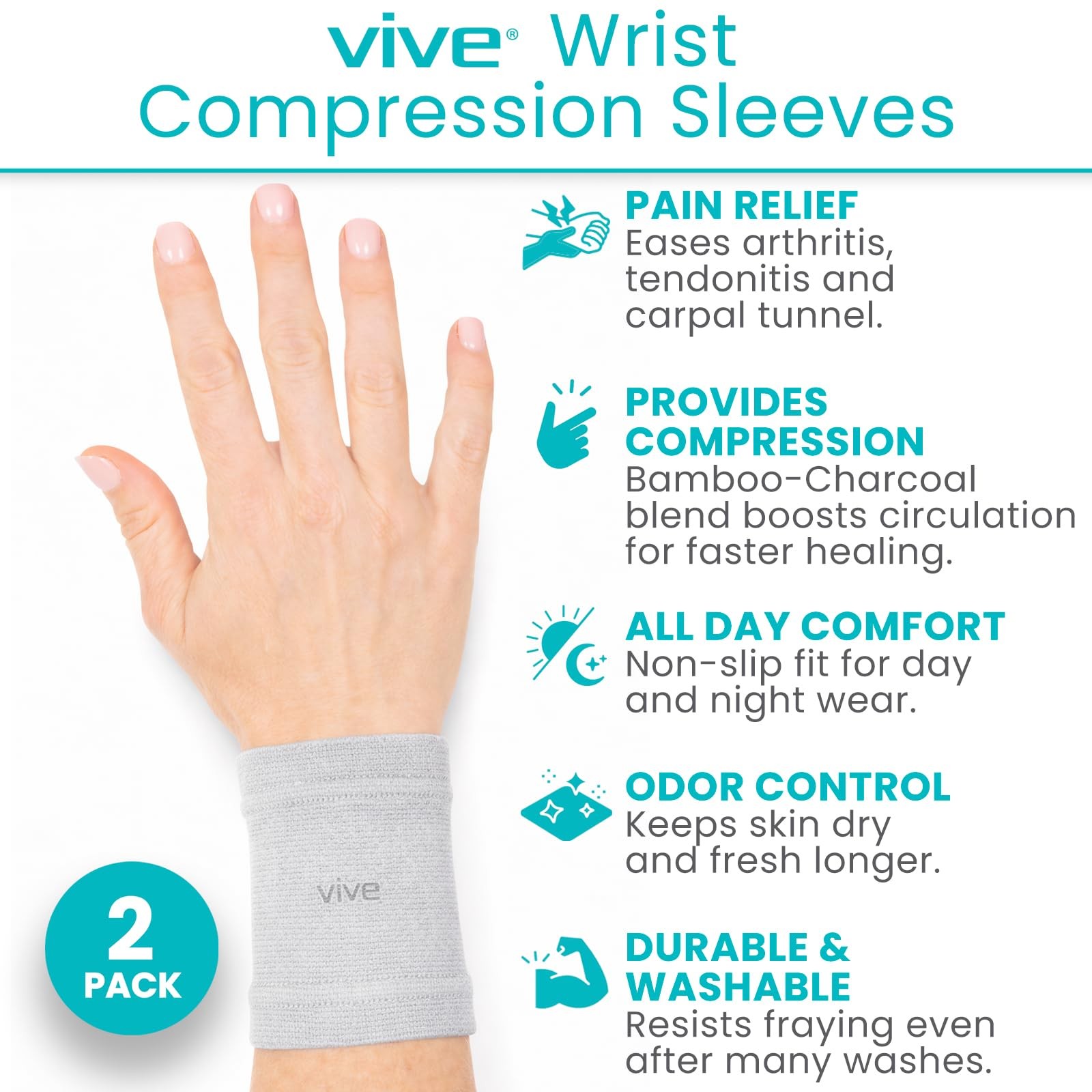 Vive Wrist Compression Sleeves for Women and Men (Pair) – Elastic Support Wri…