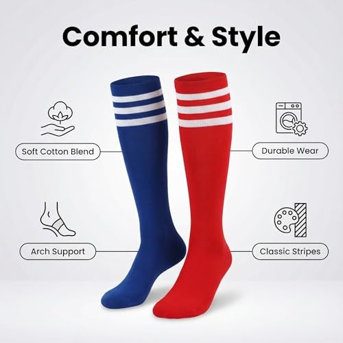 Christmas Classic Athletic Knee High Socks, 2 Pairs Triple Stripes Over The Red