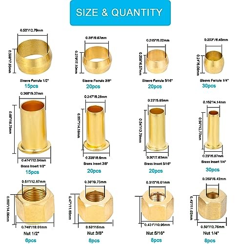 1/4″, 3/8″, 5/16″, 1/2″ OD Brass Compression 200 pcs, 1/4″, 5/16″, 3/8″, 1/2″