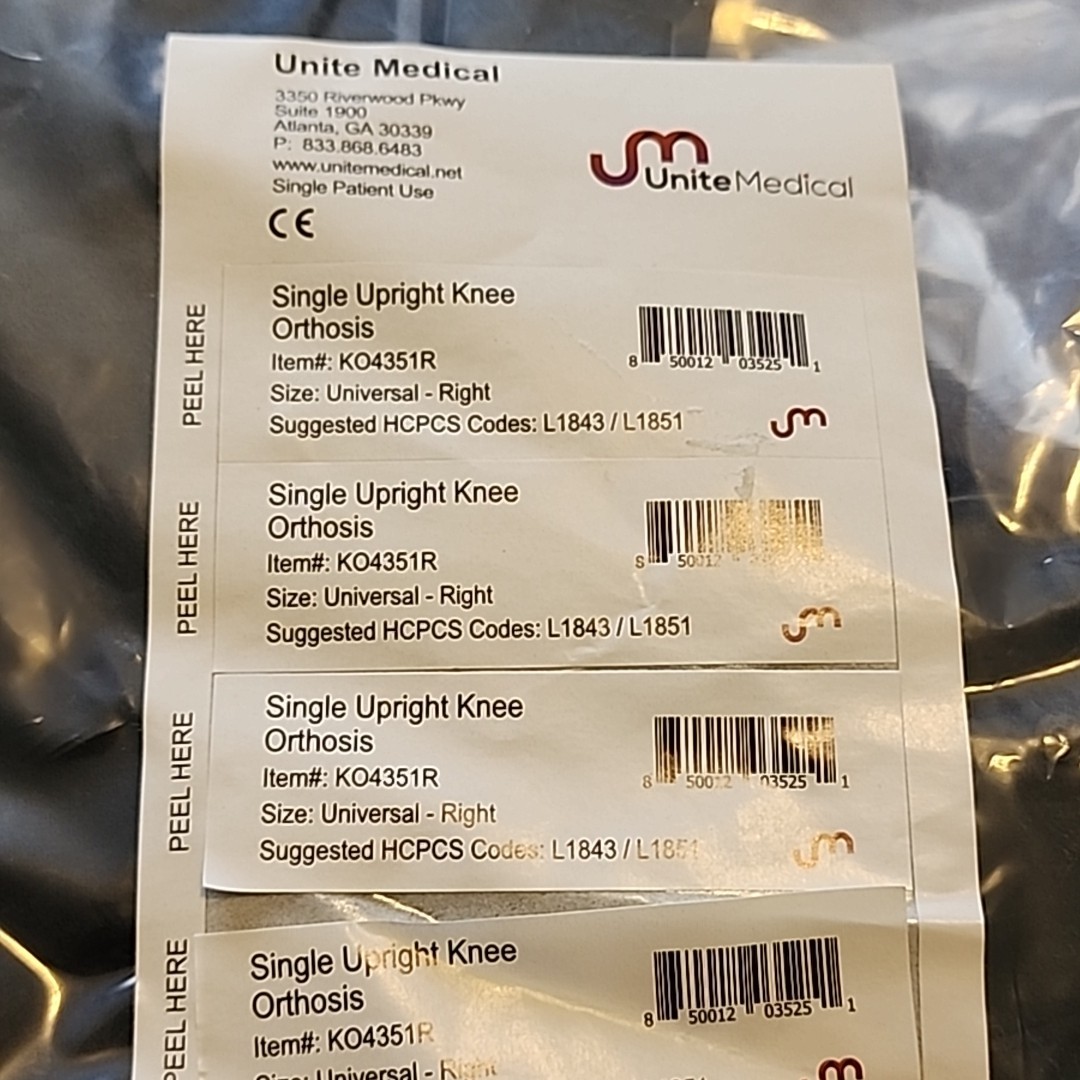 Unite Medical Single Upright Knee Right Orthosis # KO4351R L1843 / L1851