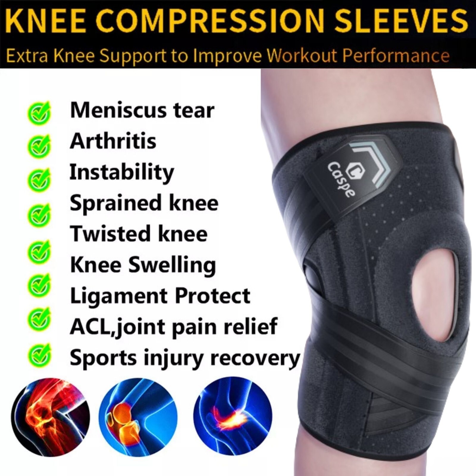 Caspe Knee Brace Adjustable Compression Sleeve Knee Joint Brace for Knee Pain US
