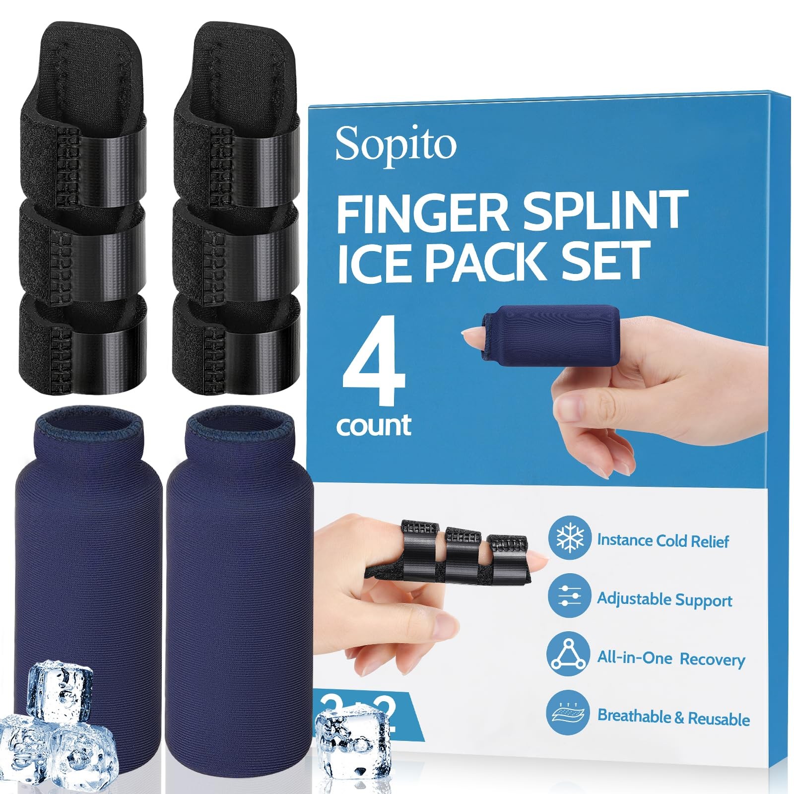 Sopito Finger Splint Ice Pack for Pain Relief, One Size, Black, Blue