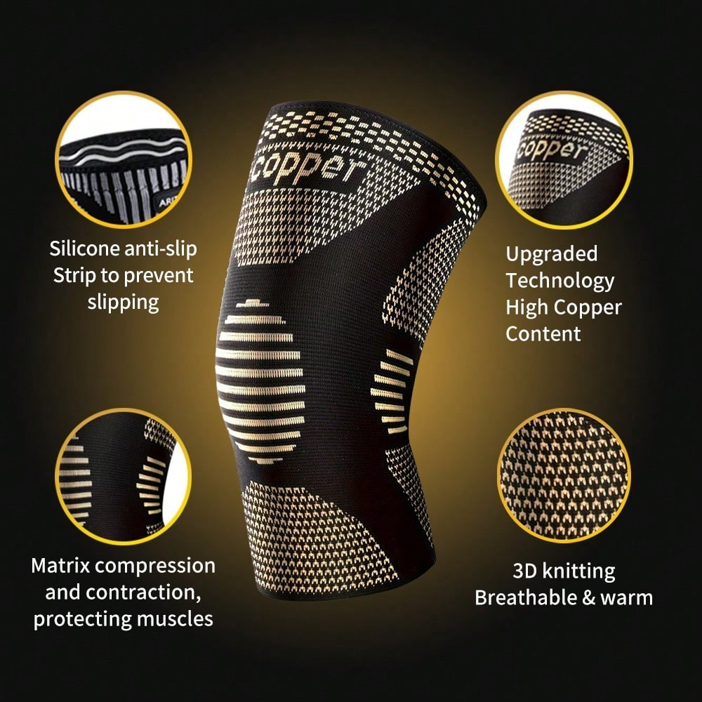 Knee Compression Sleeves Copper Support Brace Unisex Black Sports Fitness 2PCS