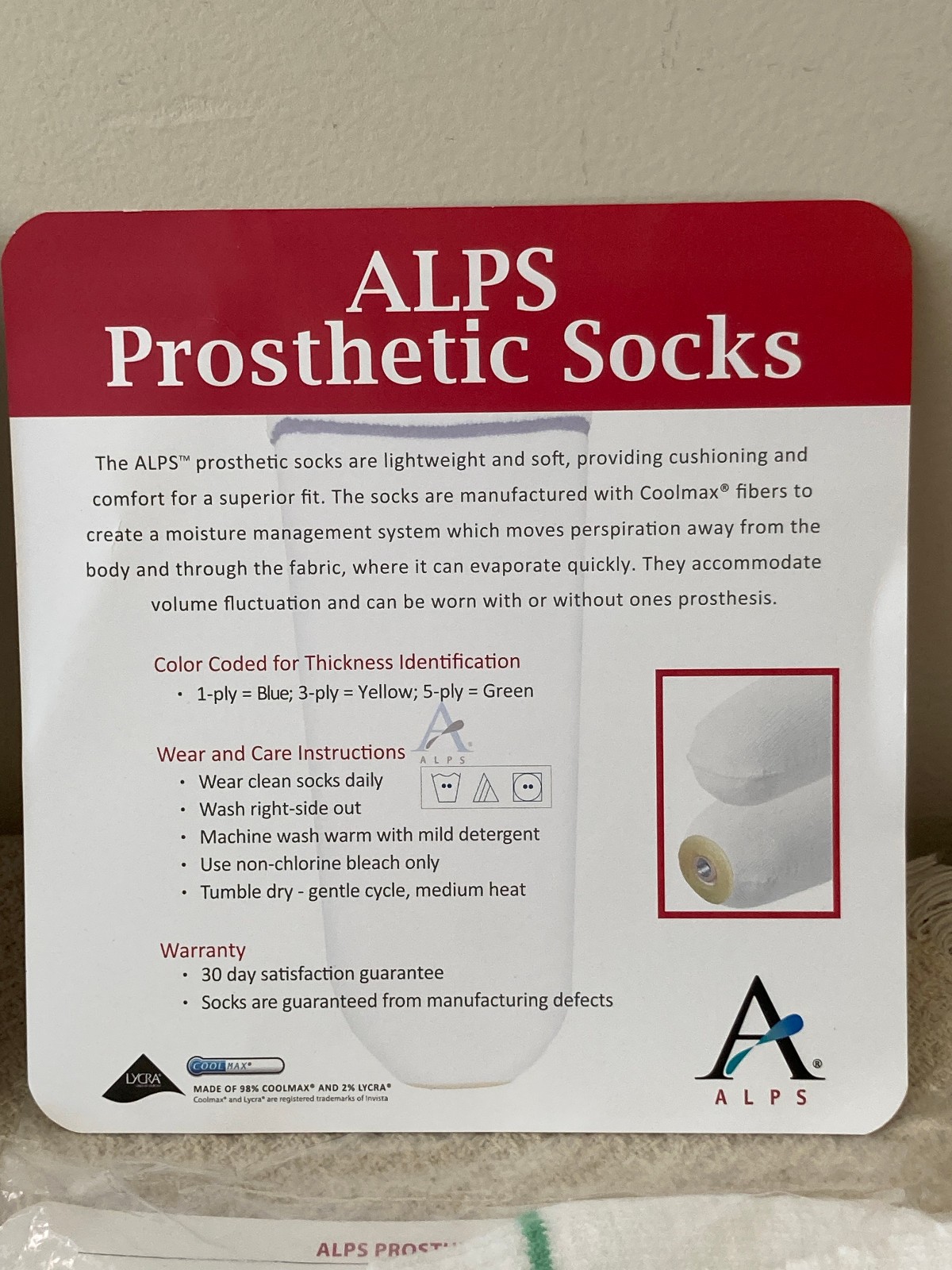 ALPS Prosthetic Sock KCM 10-5HR 5 Ply CoolMax Med Short Green Stipe Plastic Hole