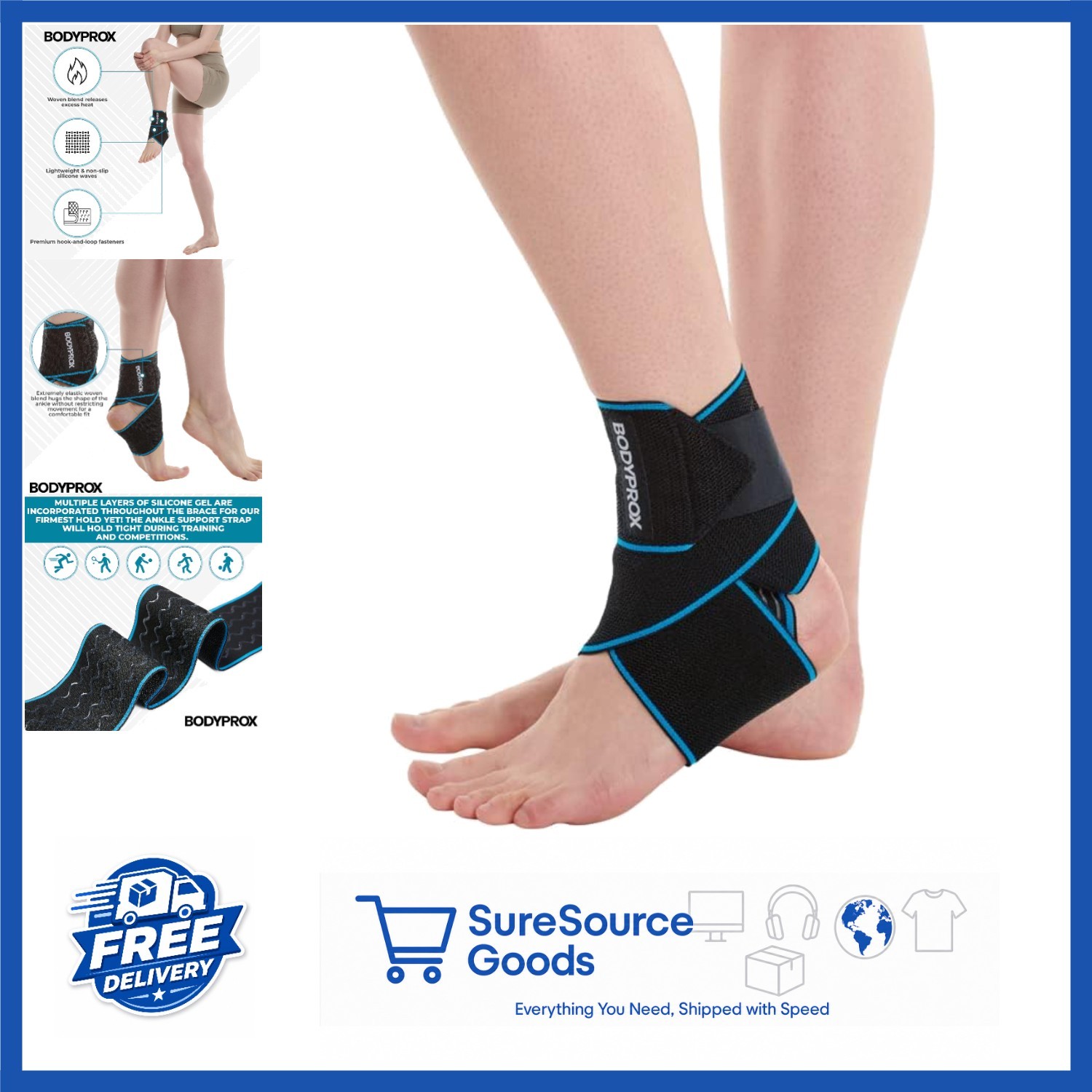 Versatile Ankle Support Brace Adjustable Compression for Men & Women Black Blue