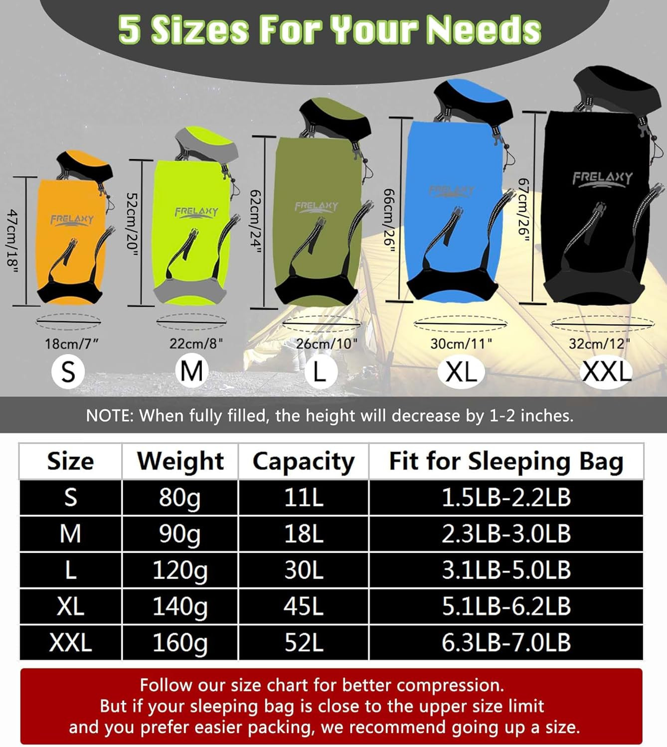 Compression Sack, 40% More Storage! 11L/18L/30L/45L/52L Compression Stuff Sack,