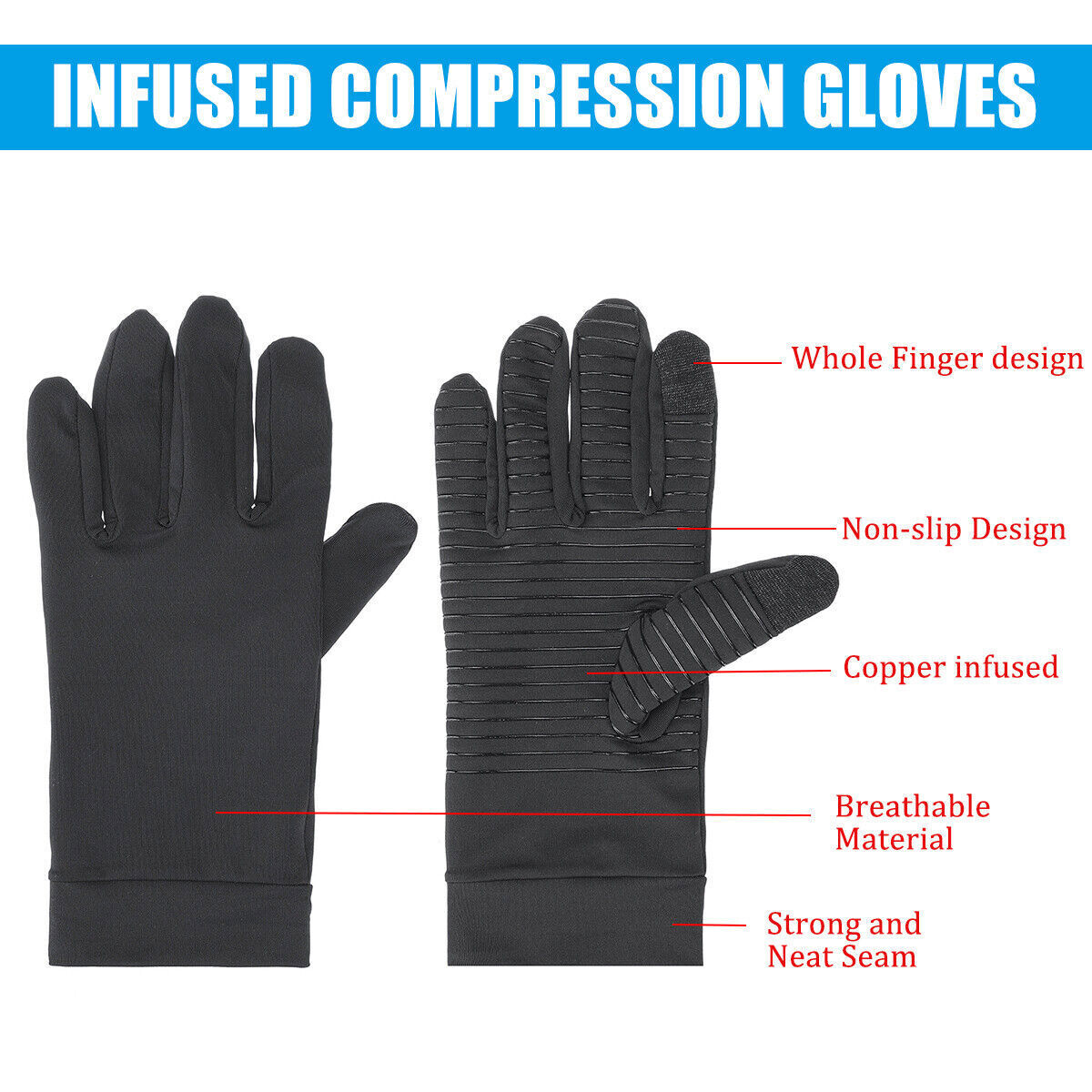 2Pairs Copper Compression Gloves Arthritis Joint Pain Relief Hand Support M/L/XL