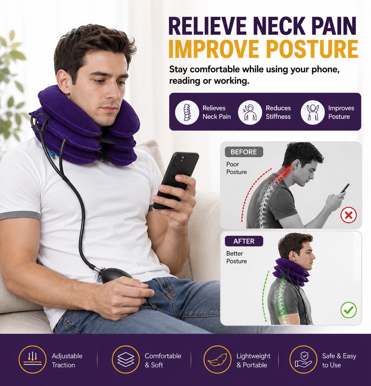 Inflatable Cervical Neck Traction Brace Posture Support Adjustable One Size