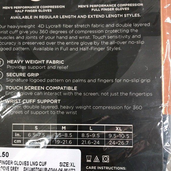 Tommie Copper Performance Gloves & a Pair of Wrist Sleeves with Palm Size XL
