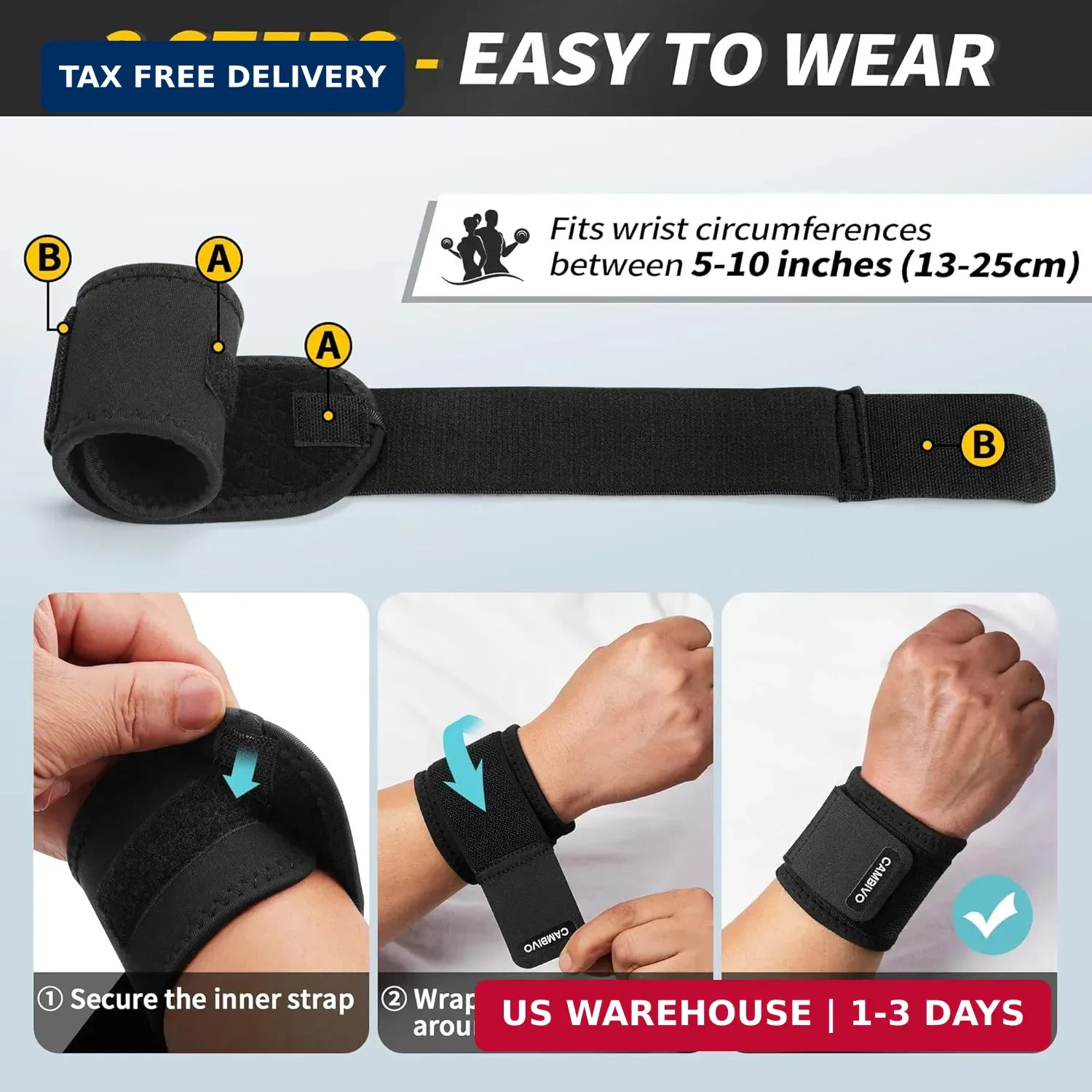 CAMBIVO Wrist Wraps for Men and Women 2 Pack, Adjustable Compression Wrist Brace