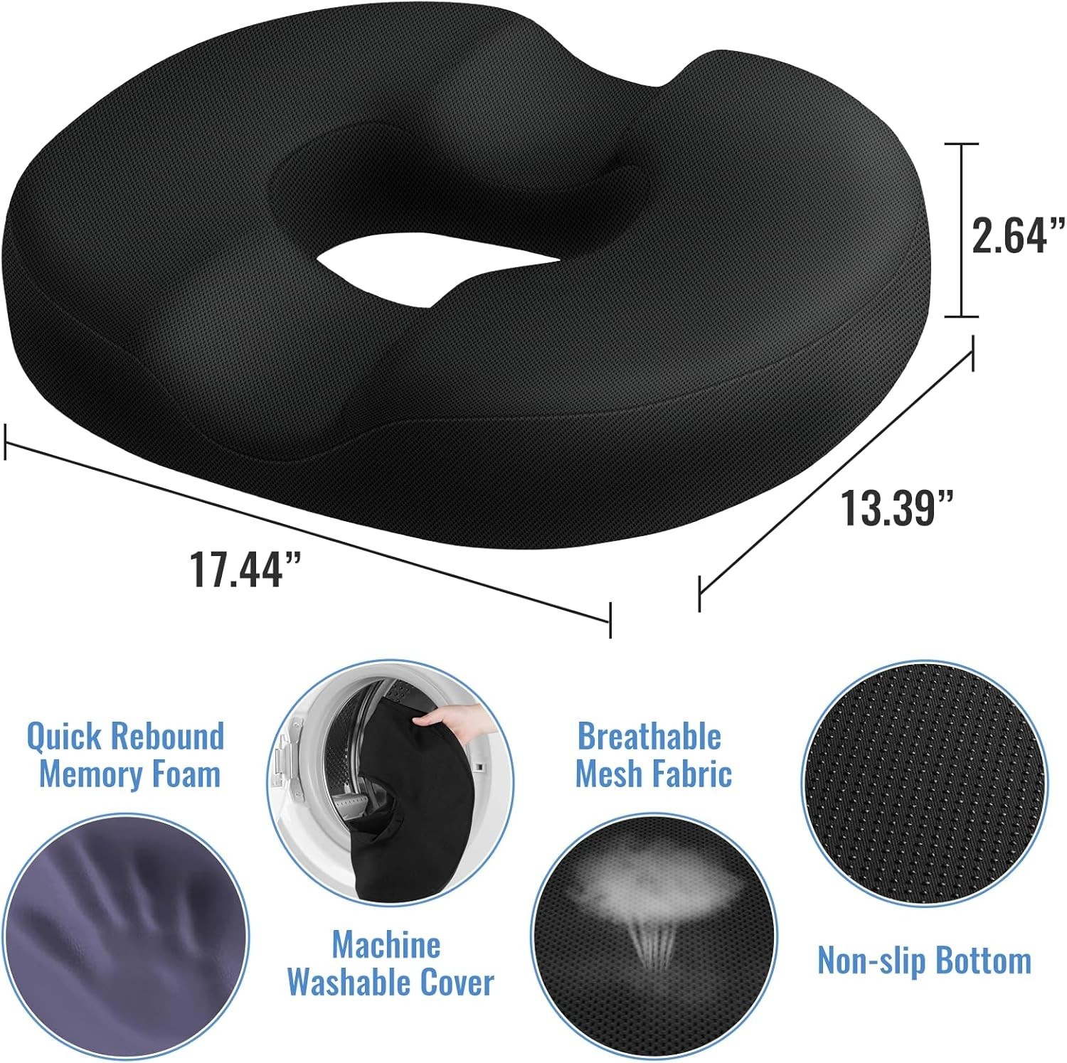 CloudBliss Donut Pillow Memory Foam Seat Cushion Tailbone Relief Black