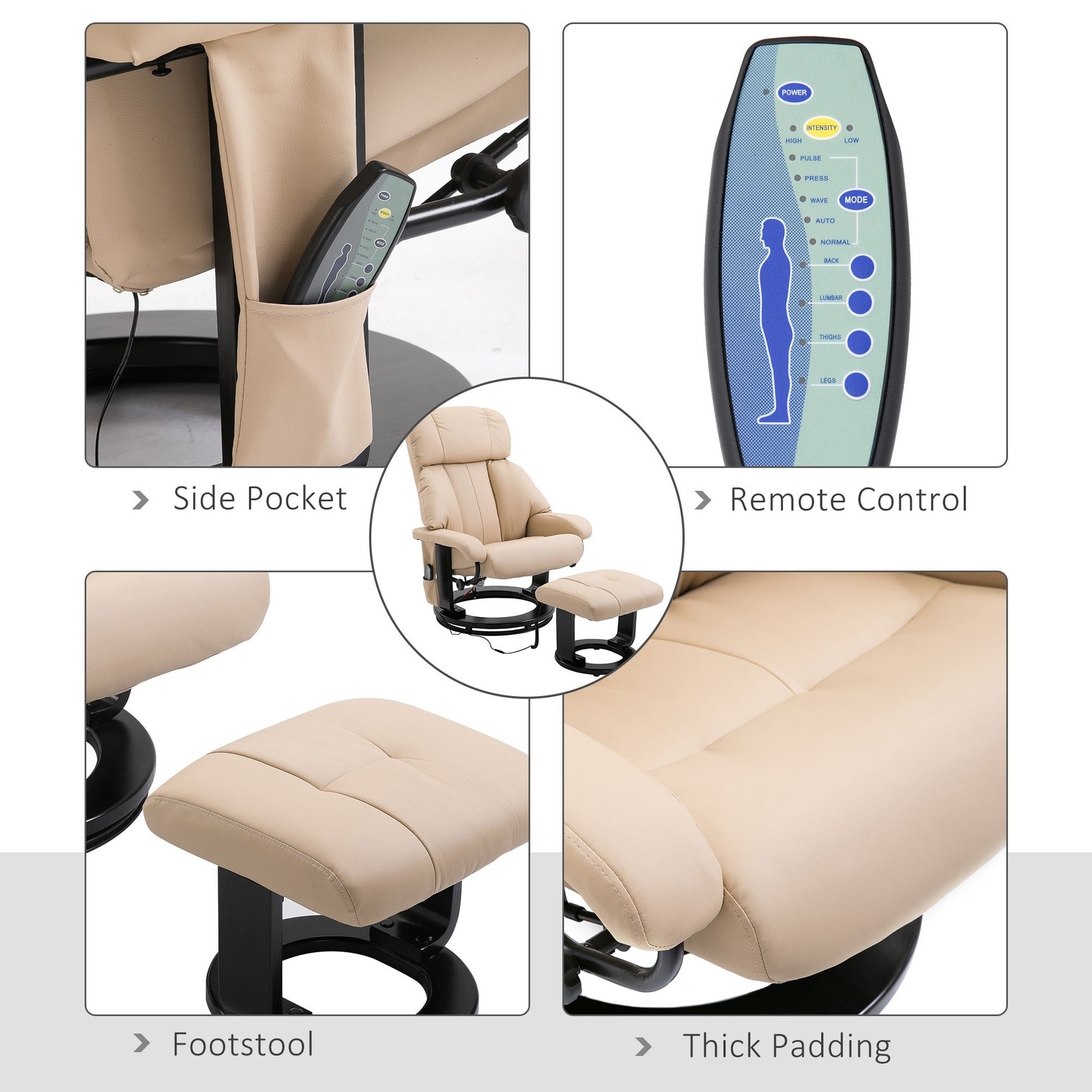 Beige Massage Recliner Chair with Ottoman, 10 – Point Vibrating Heat Function