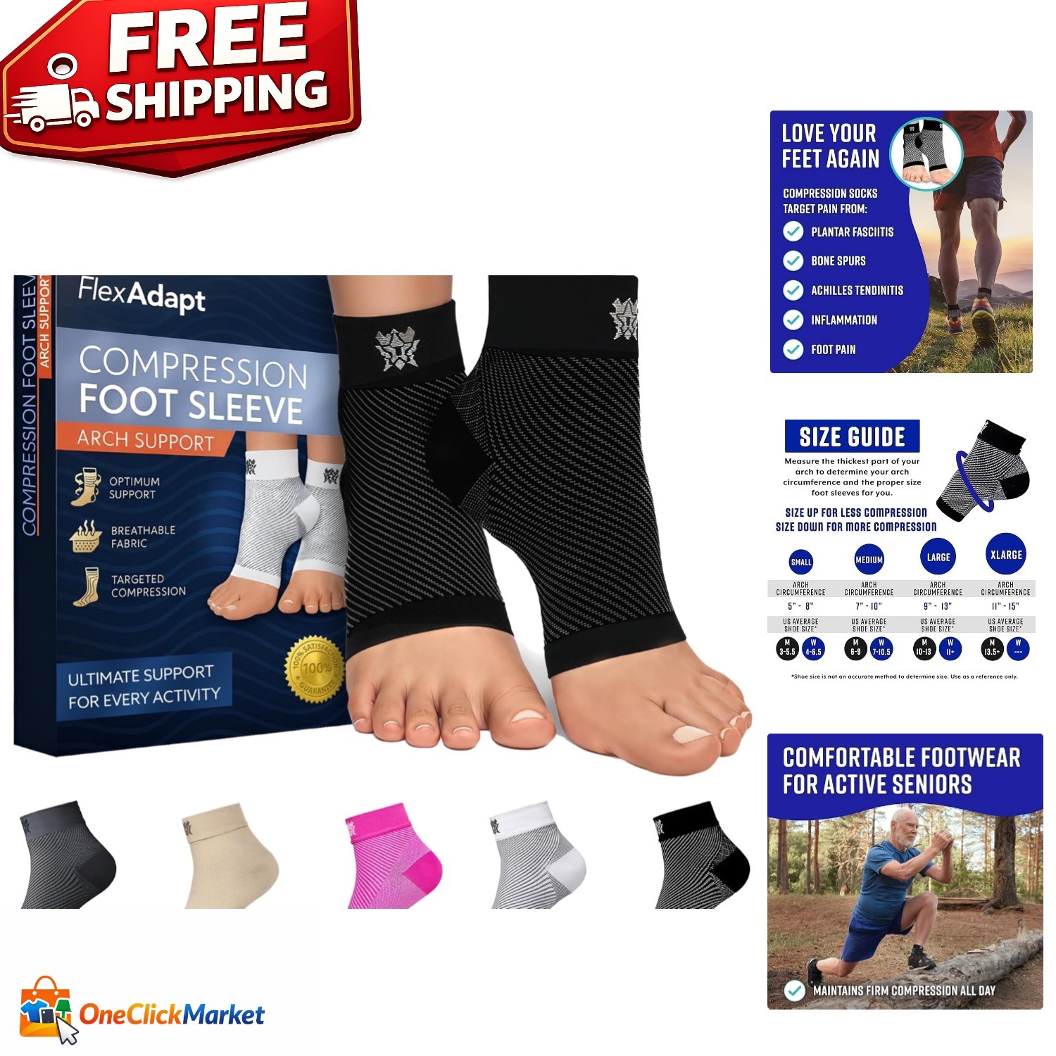 Breathable Compression Socks for Plantar Fasciitis Relief – Men’s Medium – Black