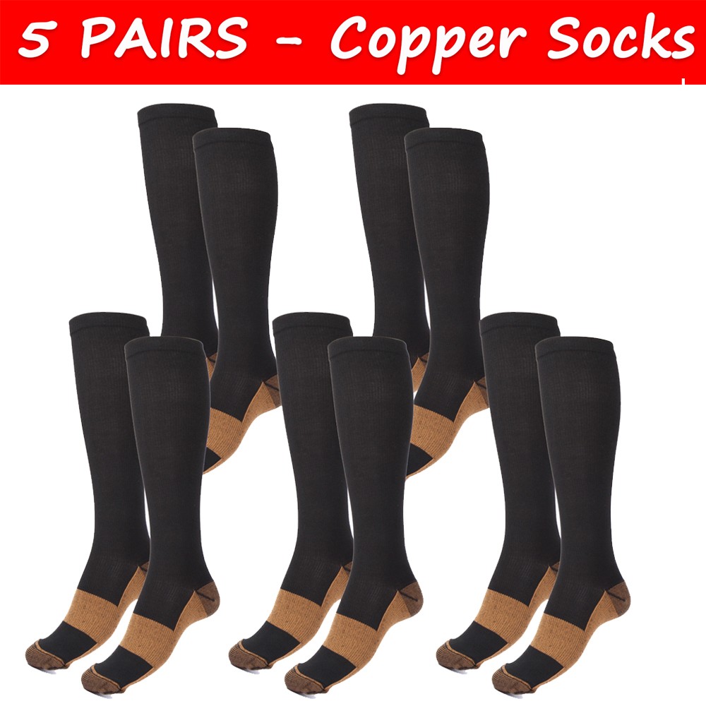 5 Pairs Copper Compression Socks 20-30mmHg Graduated Support Mens Womens S/M-XXL