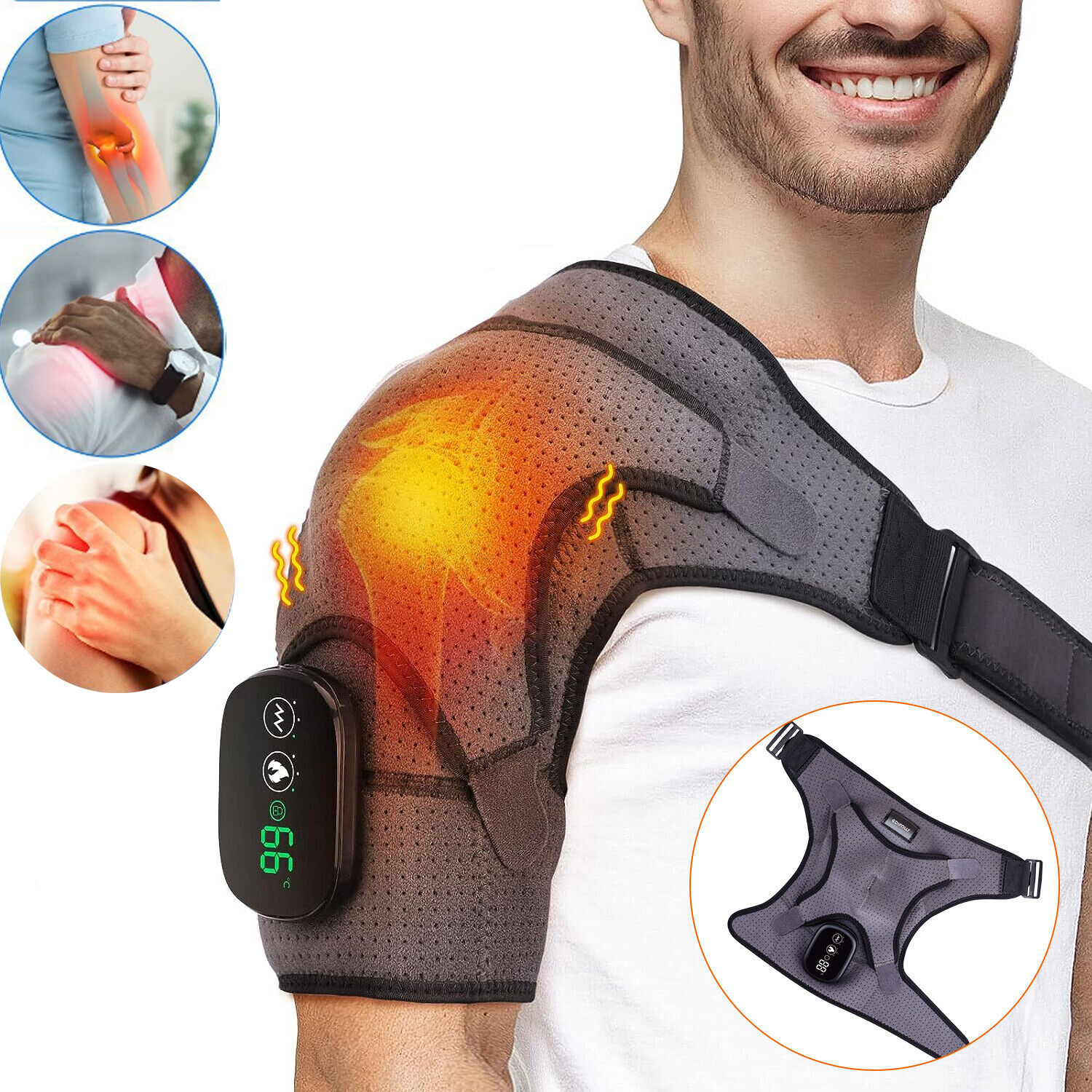 Recharge Electric Heated Shoulder Joint Pad Wrap Brace Cold/Warm Therapy 3-Level