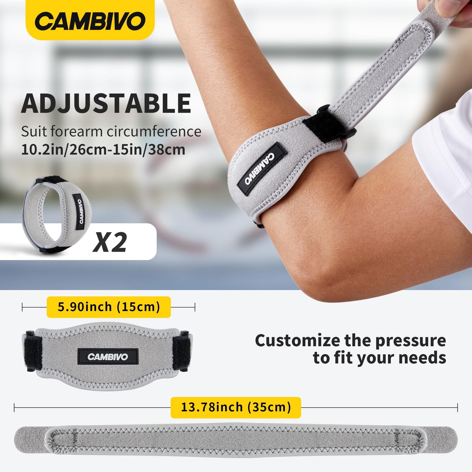 CAMBIVO 2 Pack Tennis Elbow Brace for Men & 2 Count (Pack of 1), Light Gray
