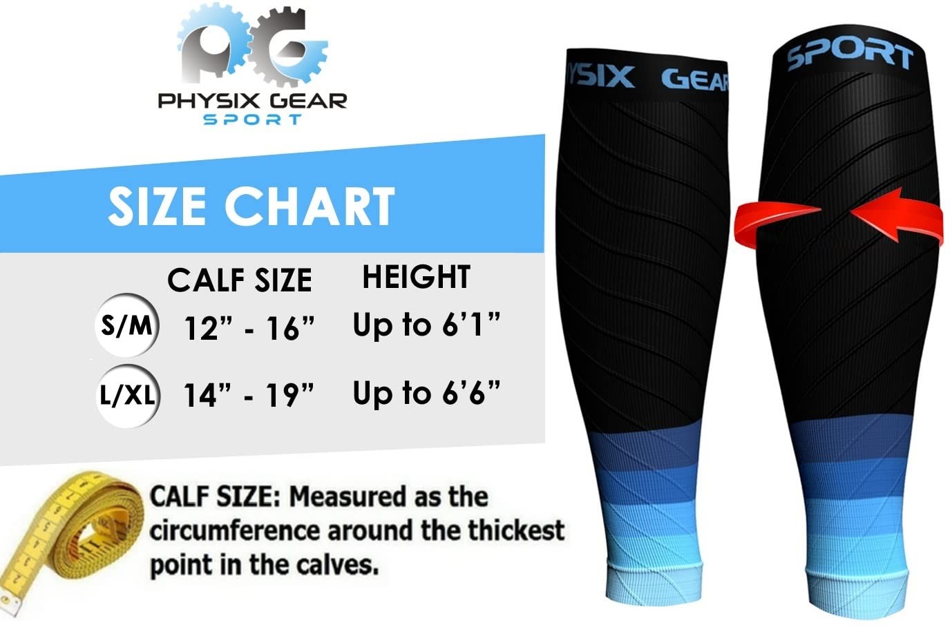 Physix Gear Calf Compression Sleeves – Shin Splint Large-X-Large, Black/Blue