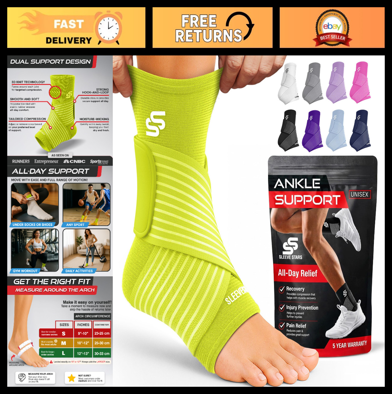 Adjustable Ankle Brace for Sprains & Plantar Fasciitis Relief, Compression Sleev