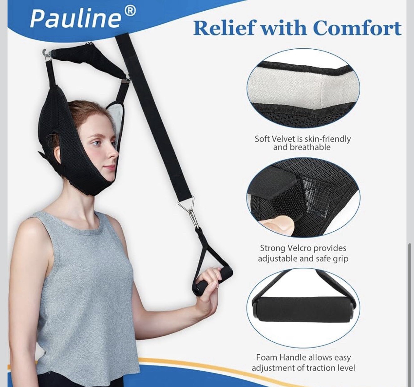 Pauline Adjustable Neck Traction Brace Head Halter Door Strap Black One Size