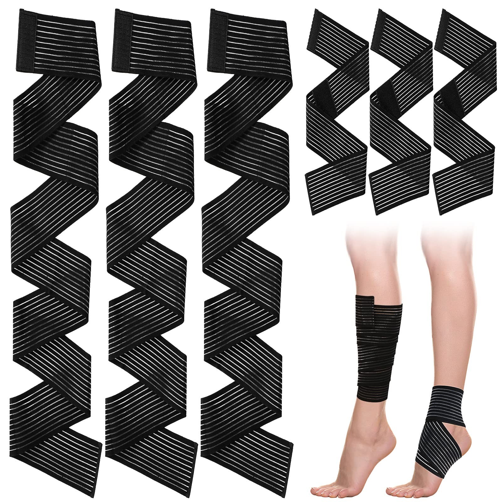Unittype 6 Pieces 2 Size Elastic Calf Compression Bandage M, black, white