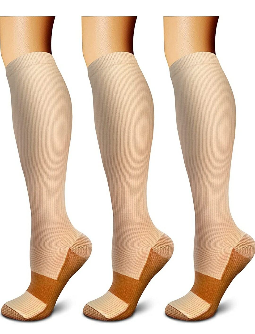 Copper Compression Socks 3 Pair 15-20 mmHg Circulation Men, Women SZ L/XL Beige