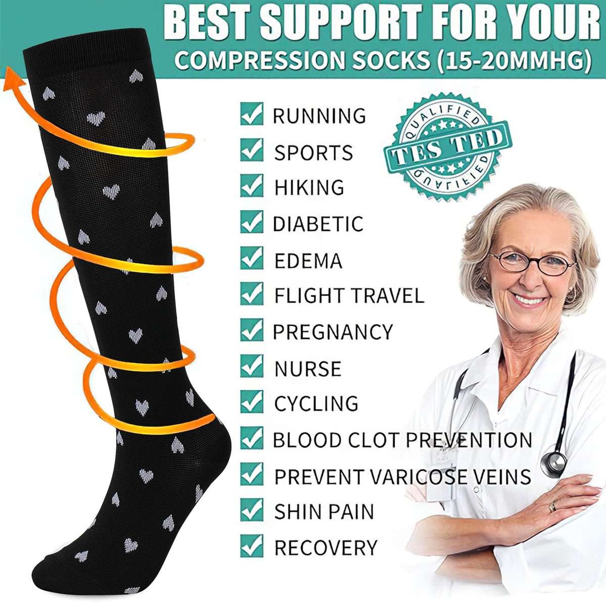 Compression Socks- 15-20 mmHg Knee High for Men & Women, Medical Grade,S/M~L/XL