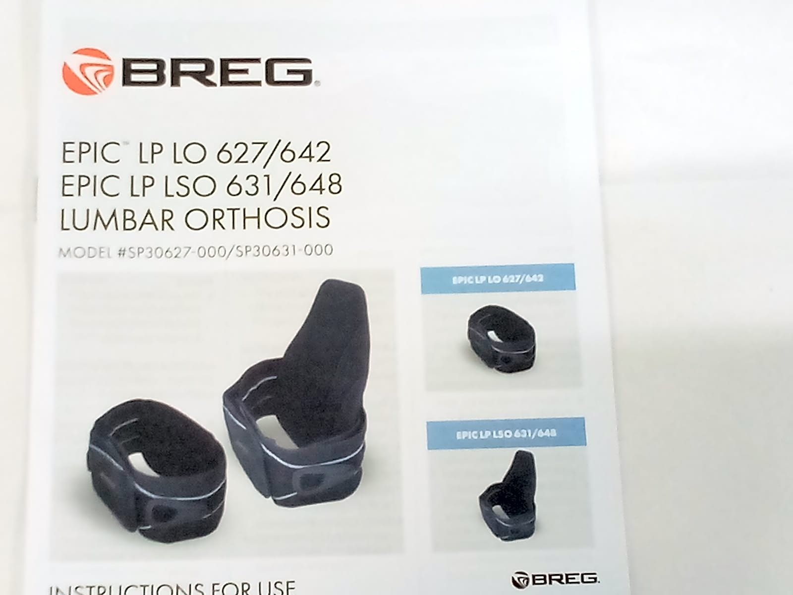 Breg EPIC LP LSO 631/648 Lumbar Orthosis Back Brace