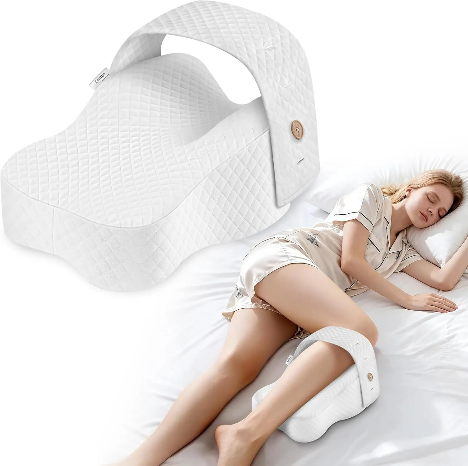 Memory Foam Knee Pillow For Side Sleepers Adjustable Strap Hip Spine Pain Relief