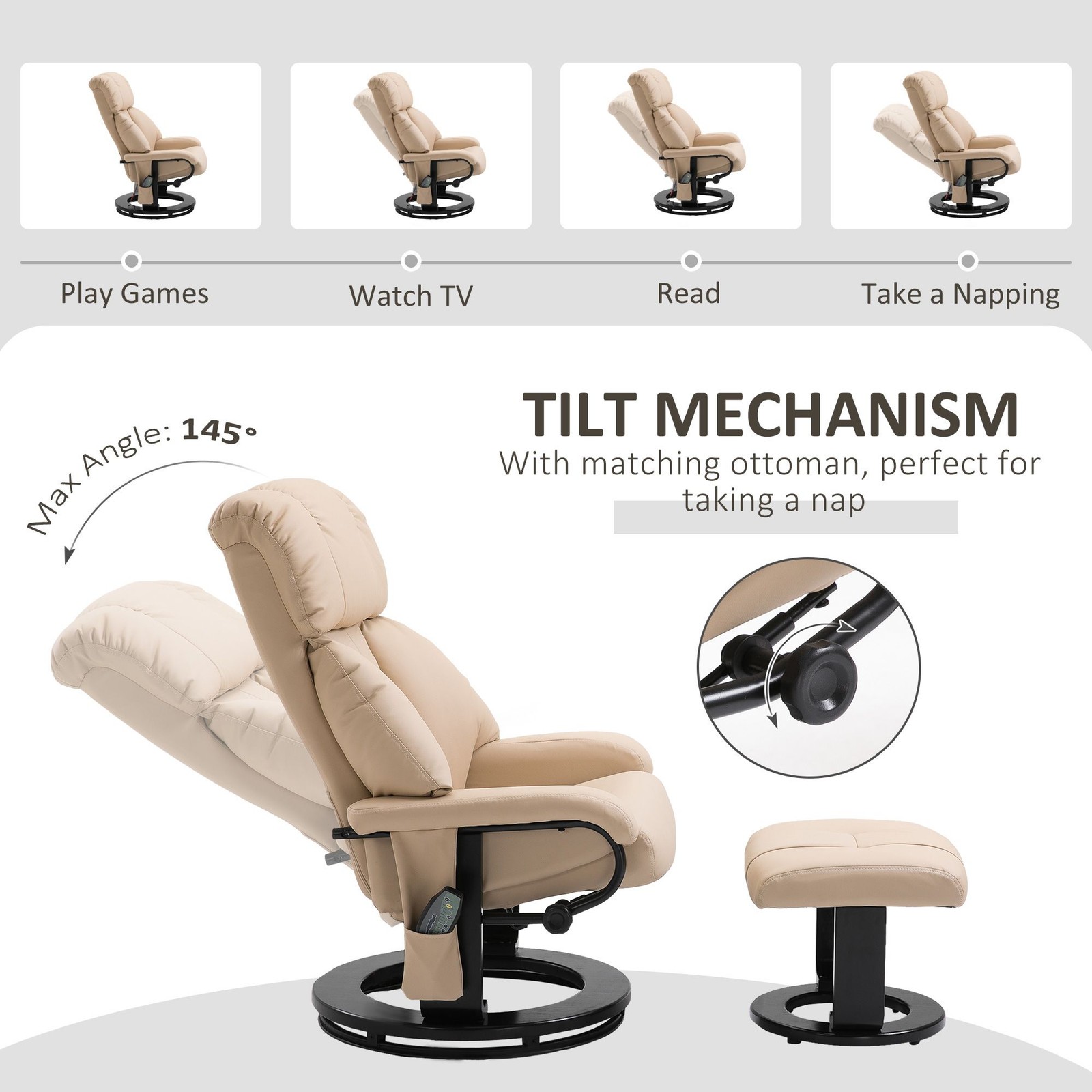 Beige Massage Recliner Chair with Ottoman, 10 – Point Vibrating Heat Function