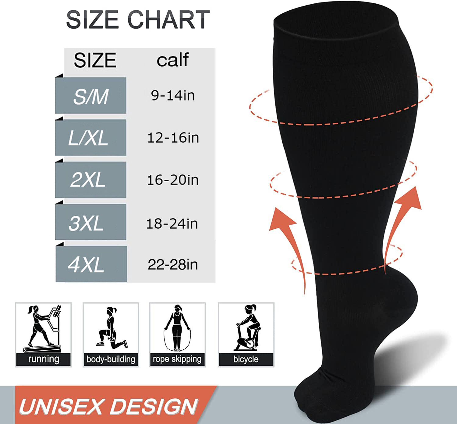 S M L XL 2XL 3XL 4XL Wide Calf Plus Size Compression Socks Women Men 15-20mmHg