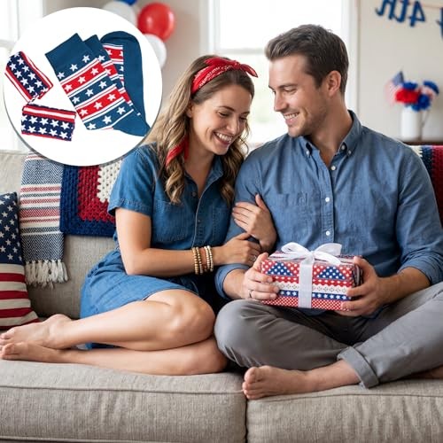 2 Pairs 4th of July Socks for Women Men Patriotic Red White and Blue Star