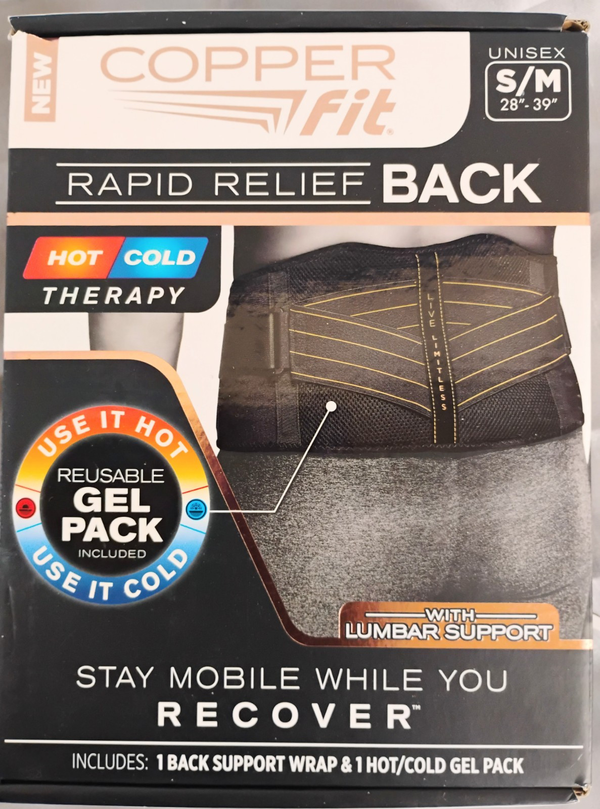 COPPER FIT Unisex Rapid Relief Back Support Brace, W/ Hot/Cold Gel Pack, MED NOB